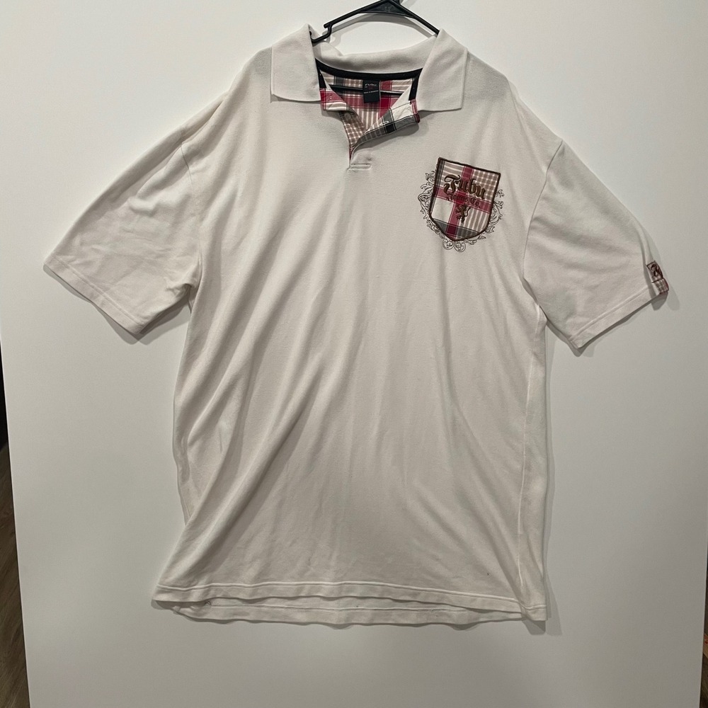 FUBU The Collection Polo Shirt 2X Menswear Plaid Logo White Short Sleeve
